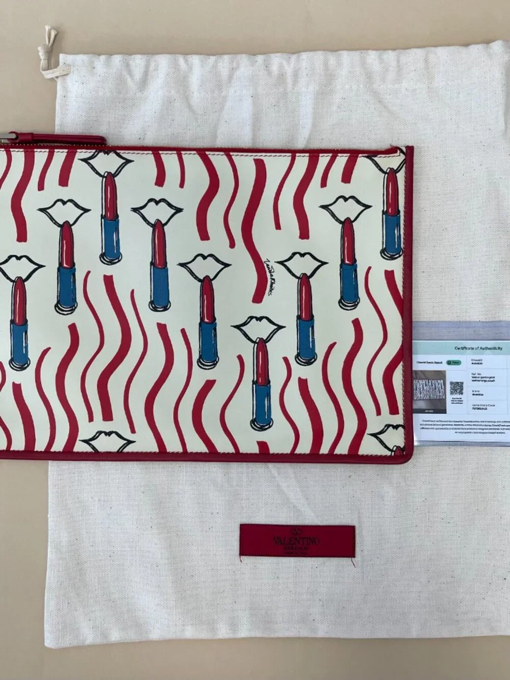 Valentino Garavani White & Red Lipstick Print Leather Large Pouch - Preowned